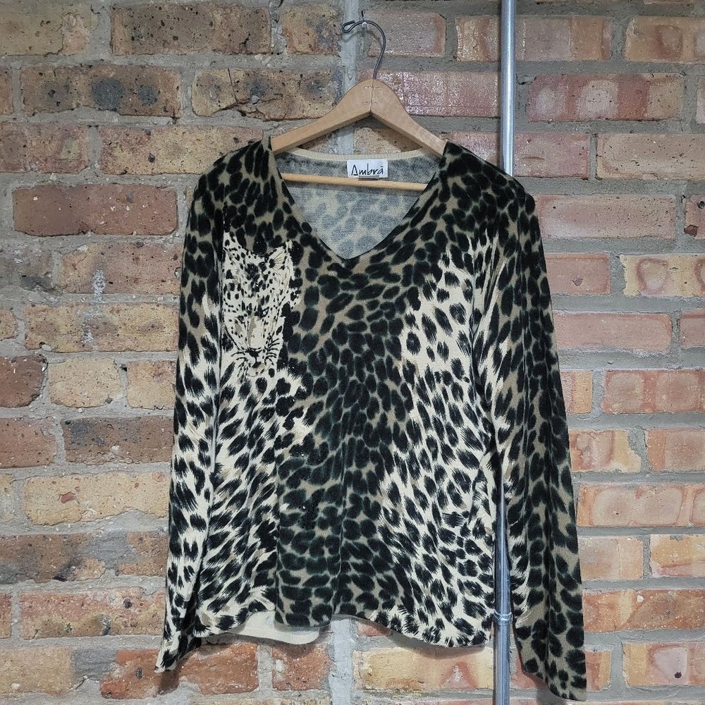 Vintage Y2K Ambra Cheetah Print Studded Beaded V Neck Brown Sweater Size XL